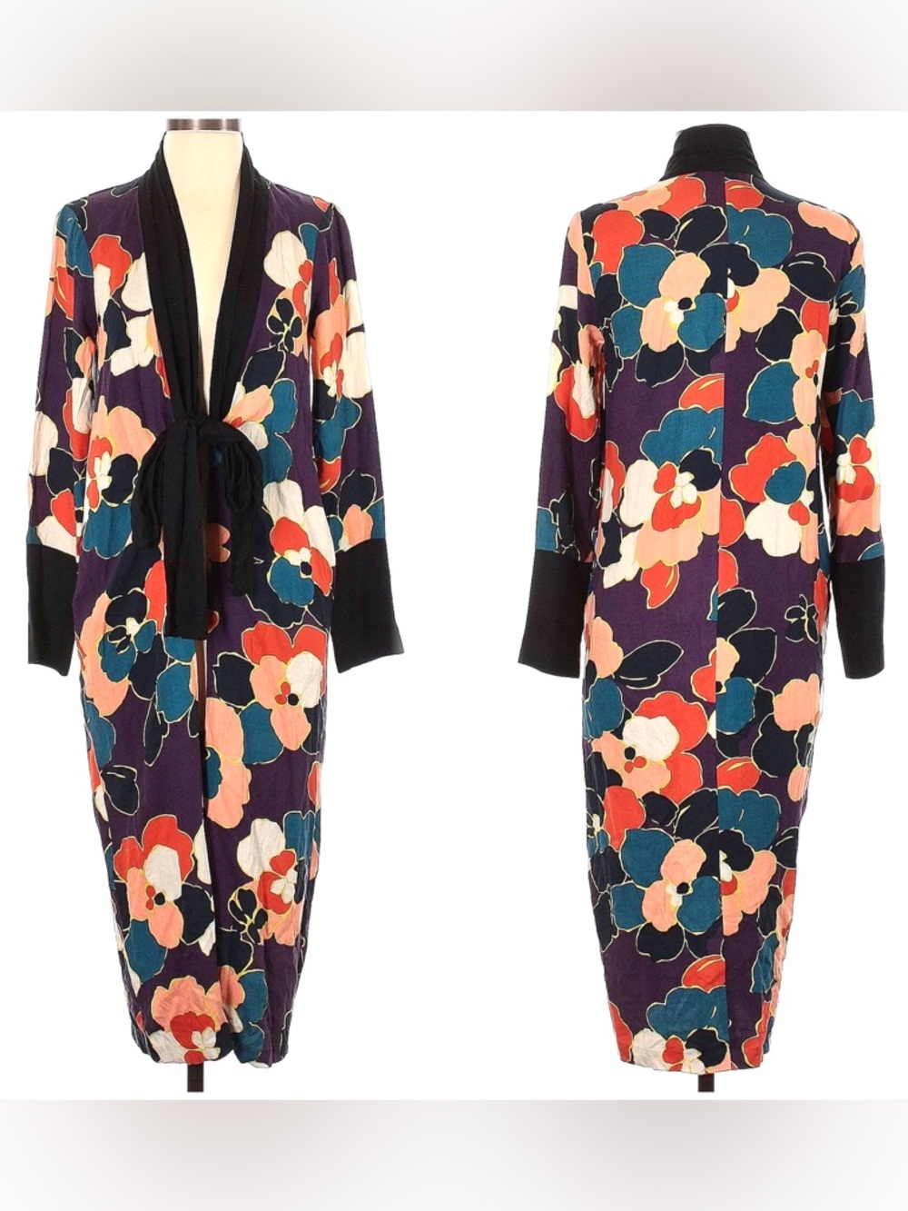 BCBG Floral Kimono Cardigan Duster Front Tie Jewel Tones BCBGeneration Oversized